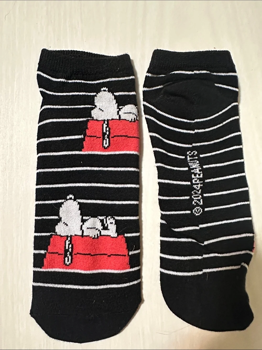 Black & White Striped Snoopy Ankle Socks - Red Doghouse Accent